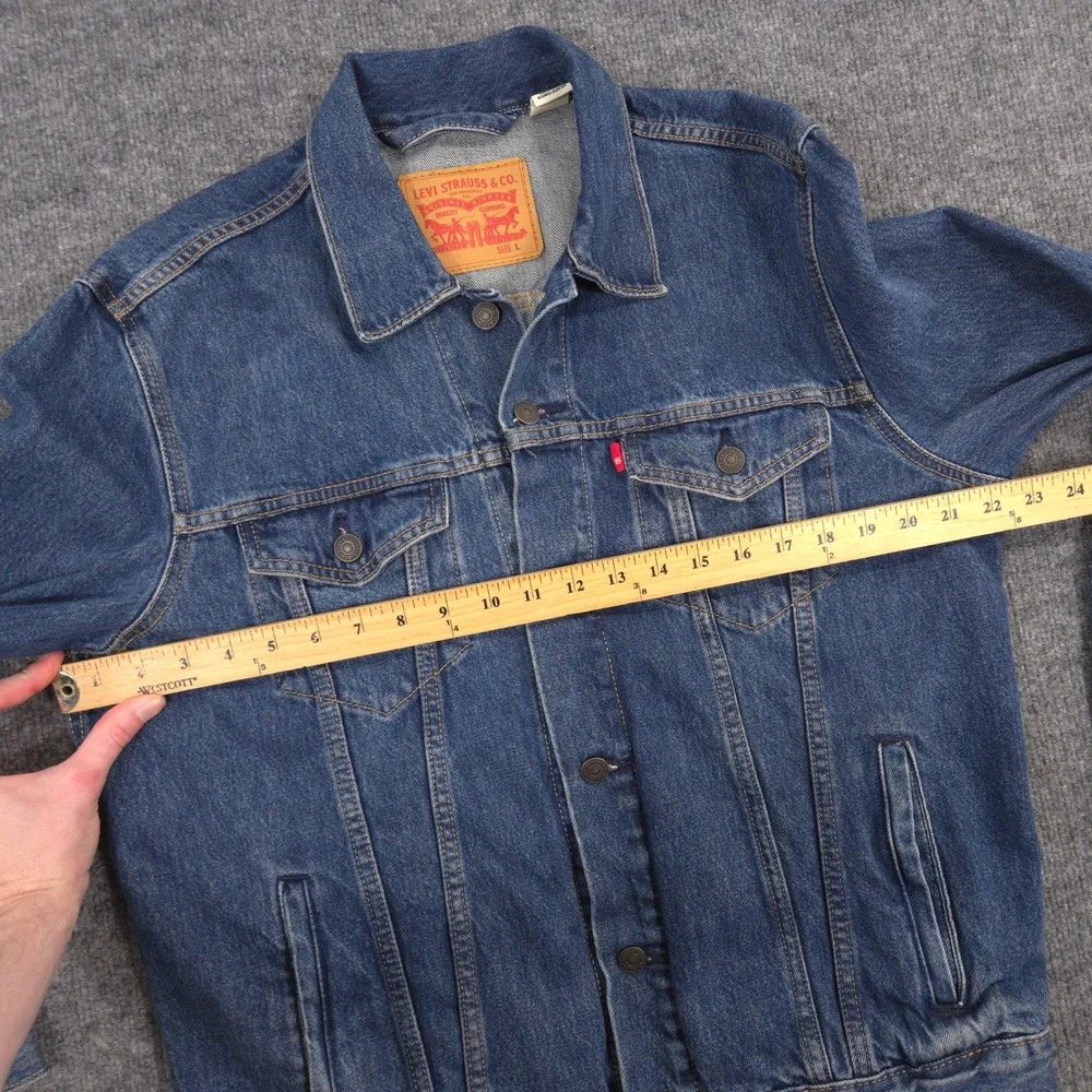 Levis‎ Trucker Jacket Mens L Blue Fort Mason Camo Patch Back Medium Wash Denim